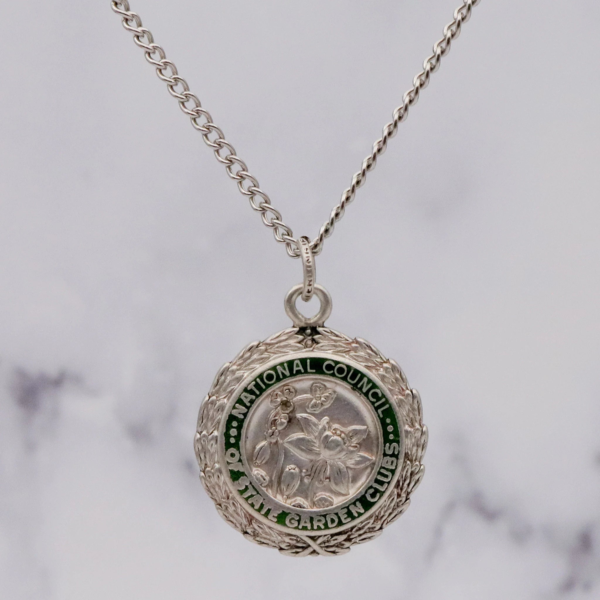 Antique sterling enamel "National Council of State Garden Clubs" medallion pendant